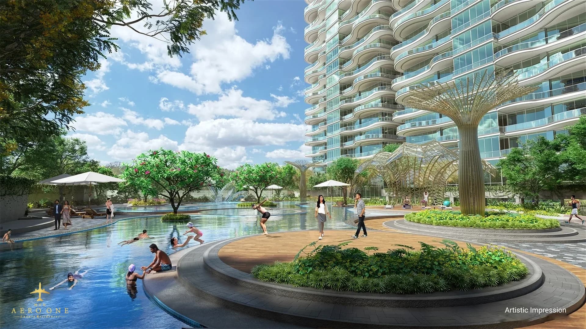 Luxury swimming pool with loungers and palm trees