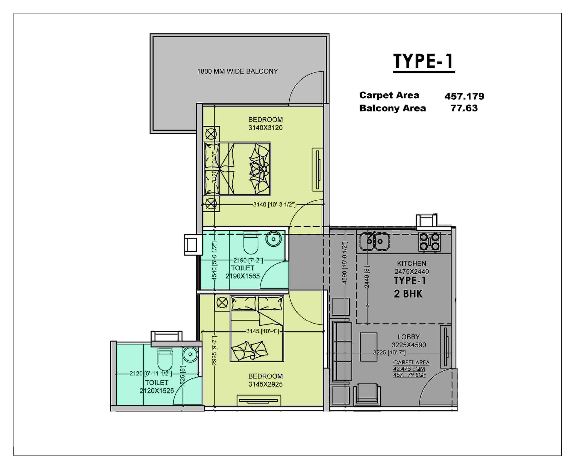 2 BHK Type 1 floor plan at MVN Athens