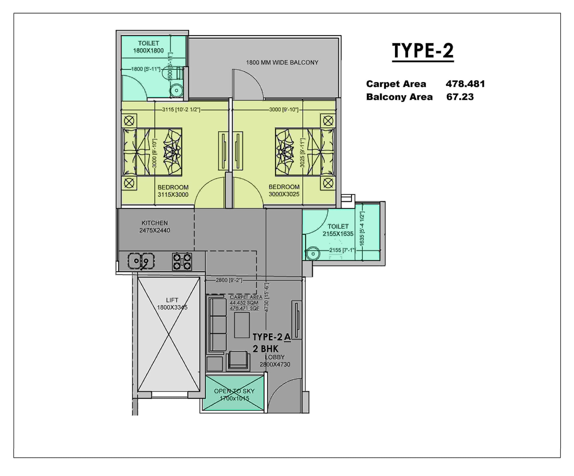 2 BHK Type 2 floor plan at MVN Athens