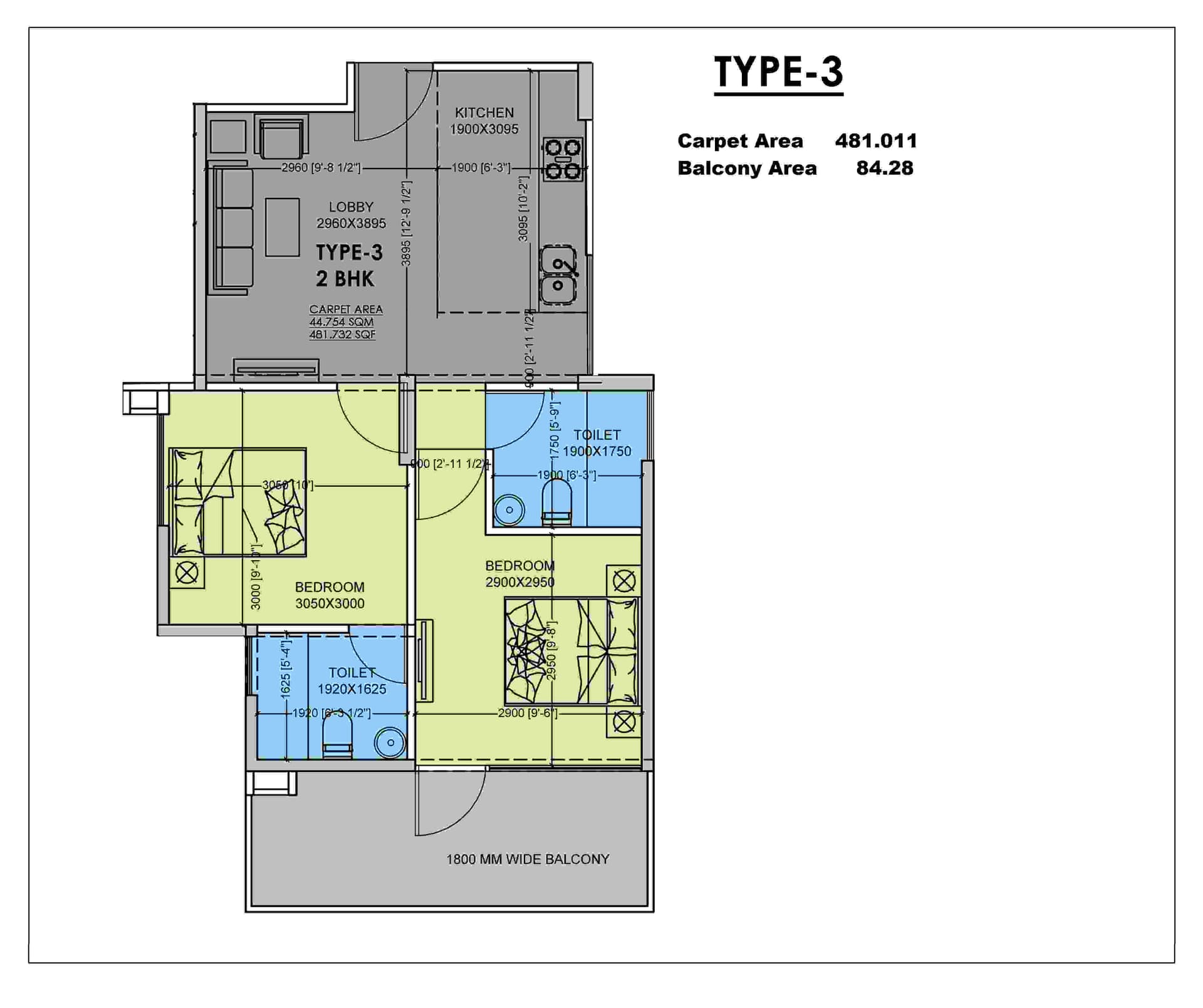 2 BHK Type 3 floor plan at MVN Athens