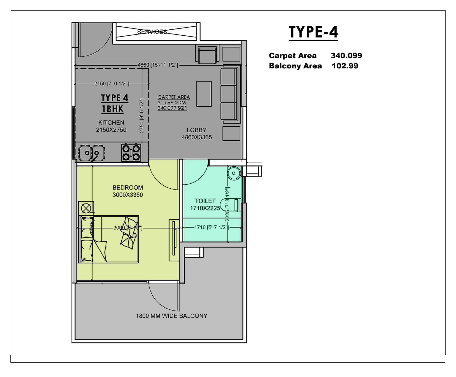 1 BHK Type 4 floor plan at MVN Athens